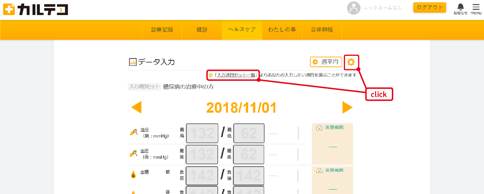カルテコ　ヘルスケア入力方法画面　データ入力